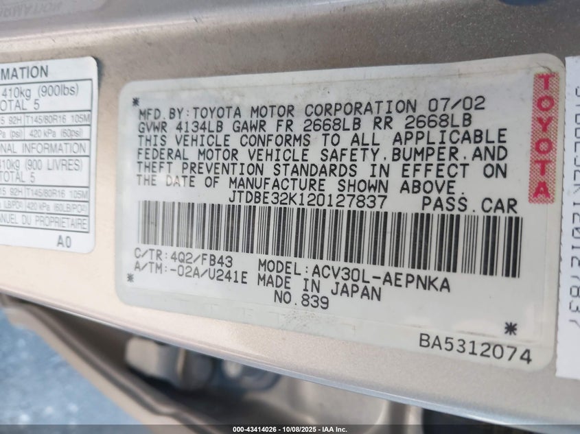 2002 Toyota Camry Le VIN: JTDBE32K120127837 Lot: 43414026