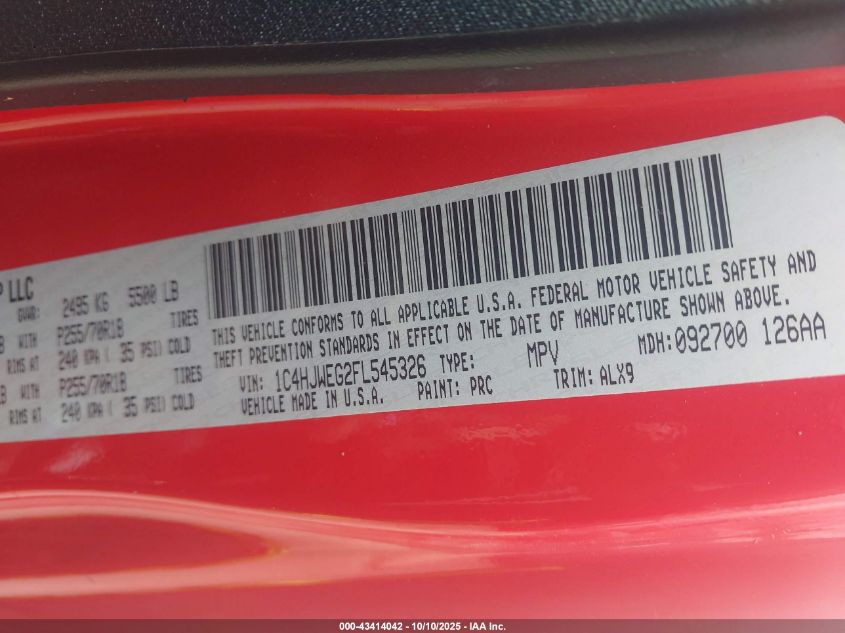 2015 Jeep Wrangler Unlimited Sahara VIN: 1C4HJWEG2FL545326 Lot: 43414042