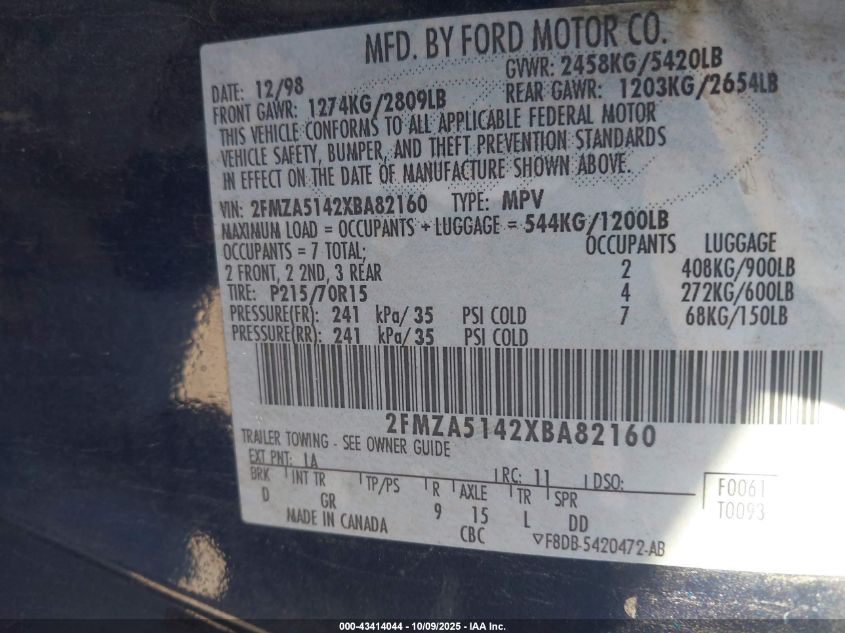 1999 Ford Windstar Lx VIN: 2FMZA5142XBA82160 Lot: 43414044