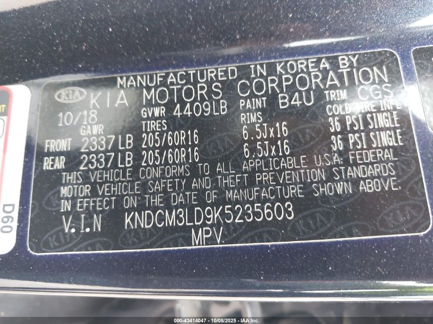 2019 Kia Niro Plug-In Hybrid Lx VIN: KNDCM3LD9K5235603 Lot: 43414047