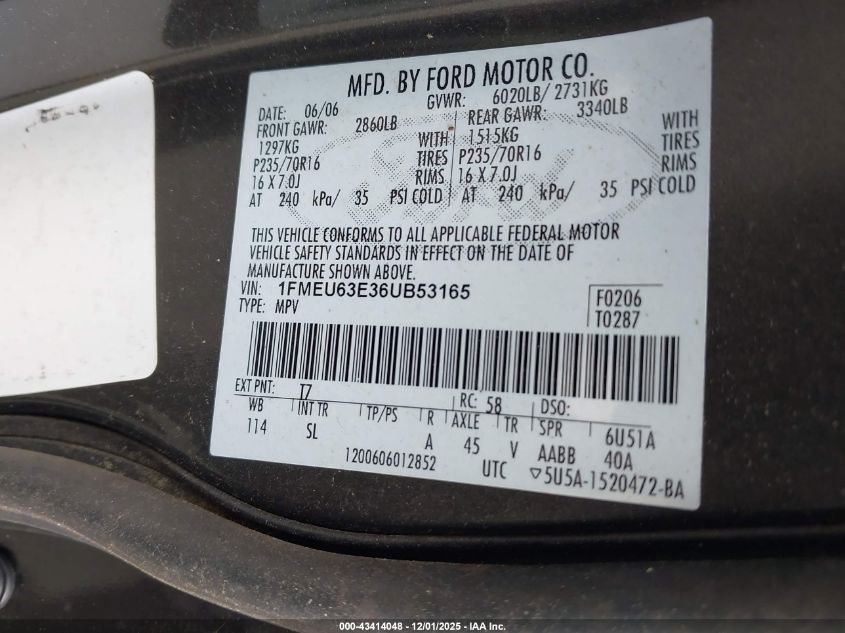 2006 Ford Explorer Xlt VIN: 1FMEU63E36UB53165 Lot: 43414048