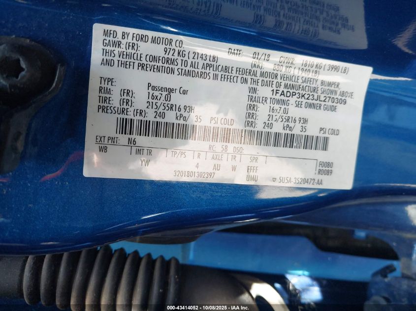 2018 Ford Focus Se VIN: 1FADP3K23JL270309 Lot: 43414052