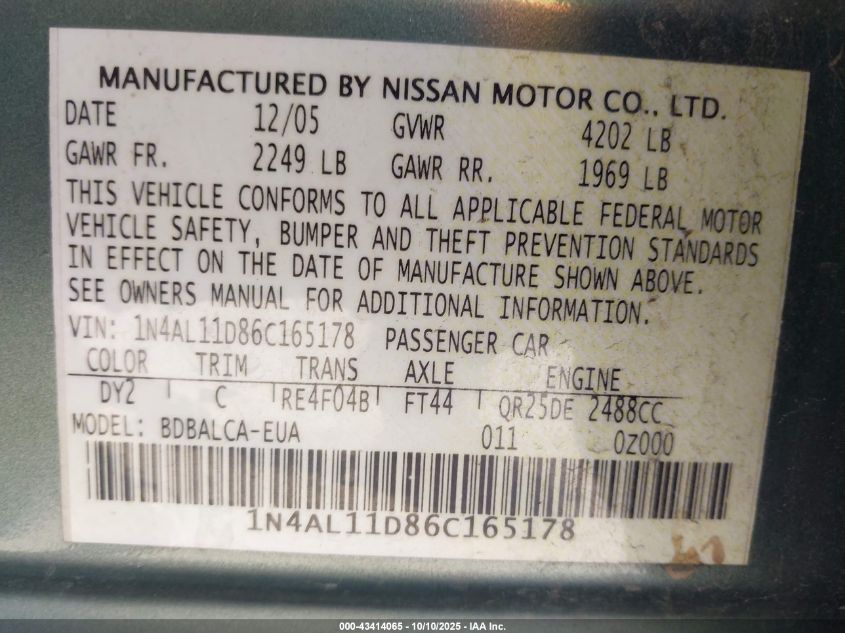 2006 Nissan Altima 2.5 S VIN: 1N4AL11D86C165178 Lot: 43414065