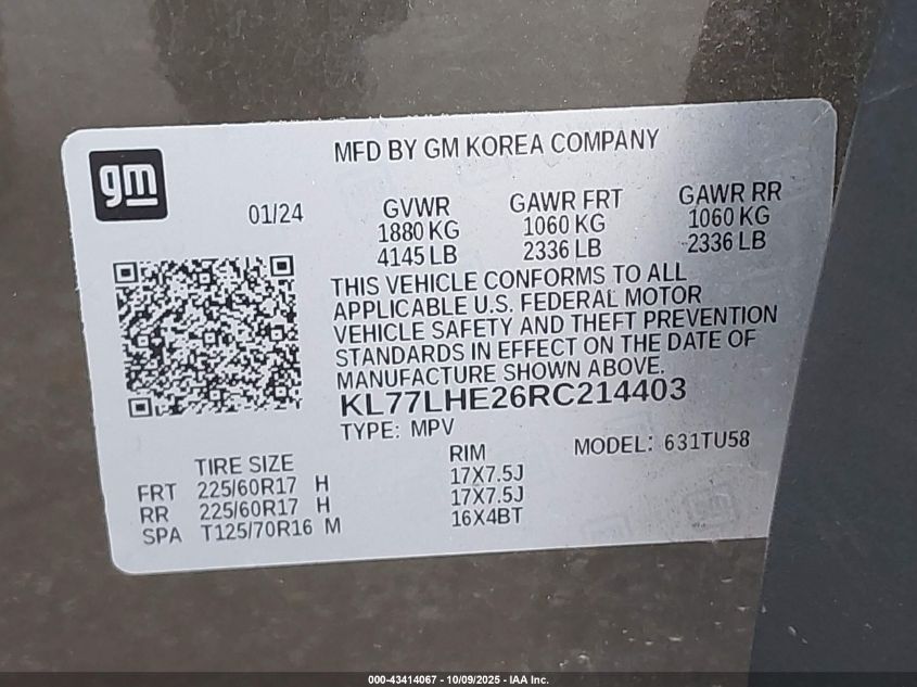 2024 Chevrolet Trax Fwd Lt VIN: KL77LHE26RC214403 Lot: 43414067