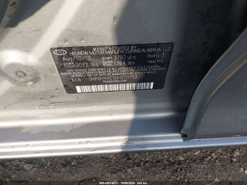 2013 Hyundai Elantra Gls VIN: 5NPDH4AE5DH210792 Lot: 43414073