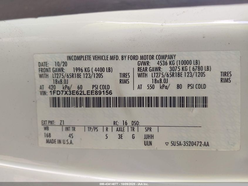 2020 Ford F-350 Chassis VIN: 1FD7X3E62LEE89156 Lot: 43414077