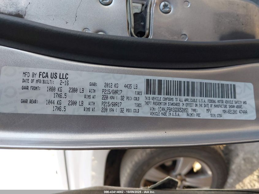 2016 Jeep Patriot Sport Se VIN: 1C4NJPBA3GD652051 Lot: 43414082