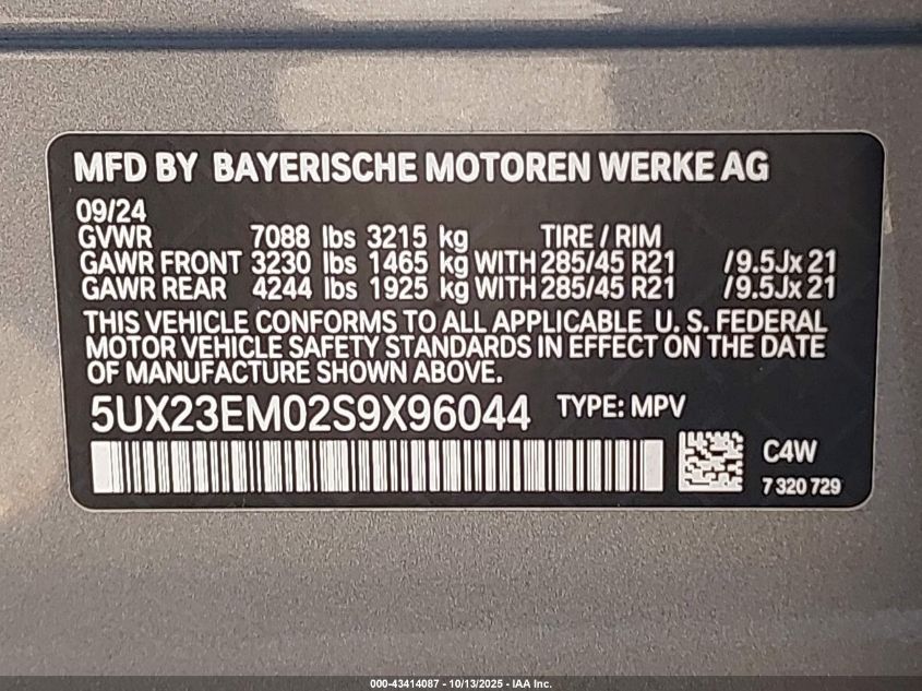 2025 BMW X7 xDrive40I VIN: 5UX23EM02S9X96044 Lot: 43414087