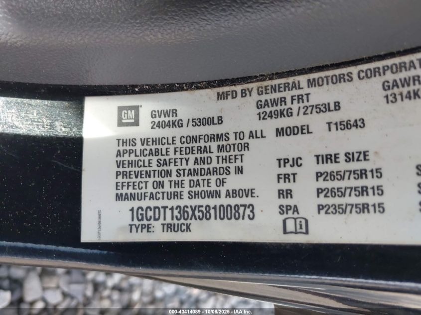 2005 Chevrolet Colorado Ls VIN: 1GCDT136X58100873 Lot: 43414089