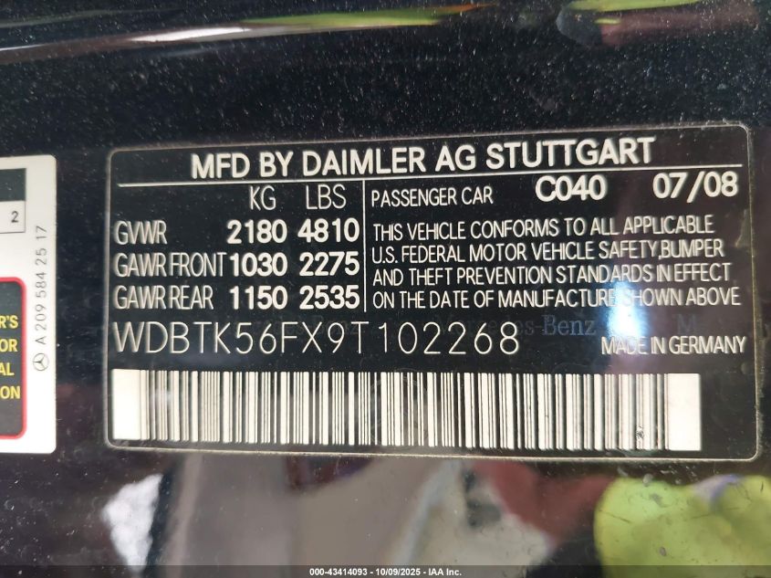 2009 Mercedes-Benz Clk 350 VIN: WDBTK56FX9T102268 Lot: 43414093