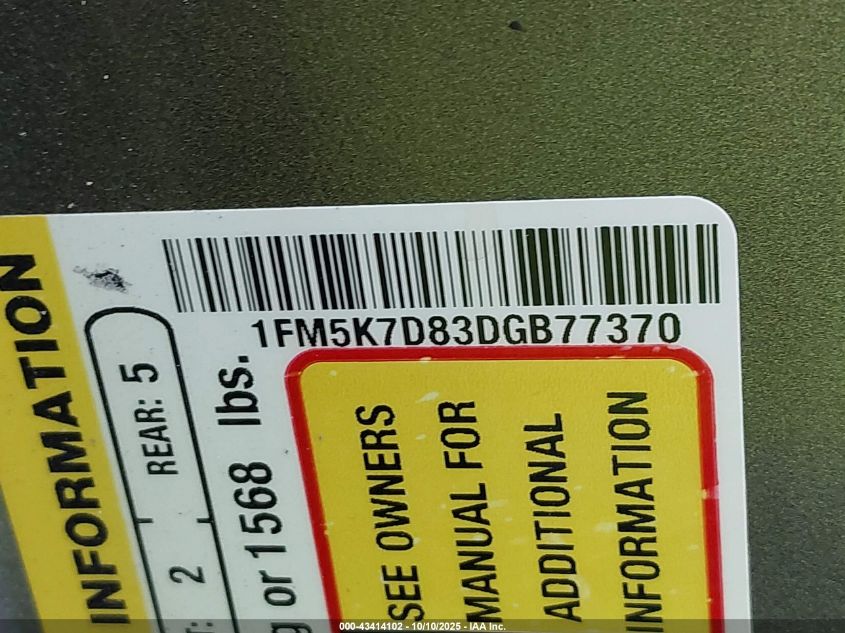 2013 Ford Explorer Xlt VIN: 1FM5K7D83DGB77370 Lot: 43414102