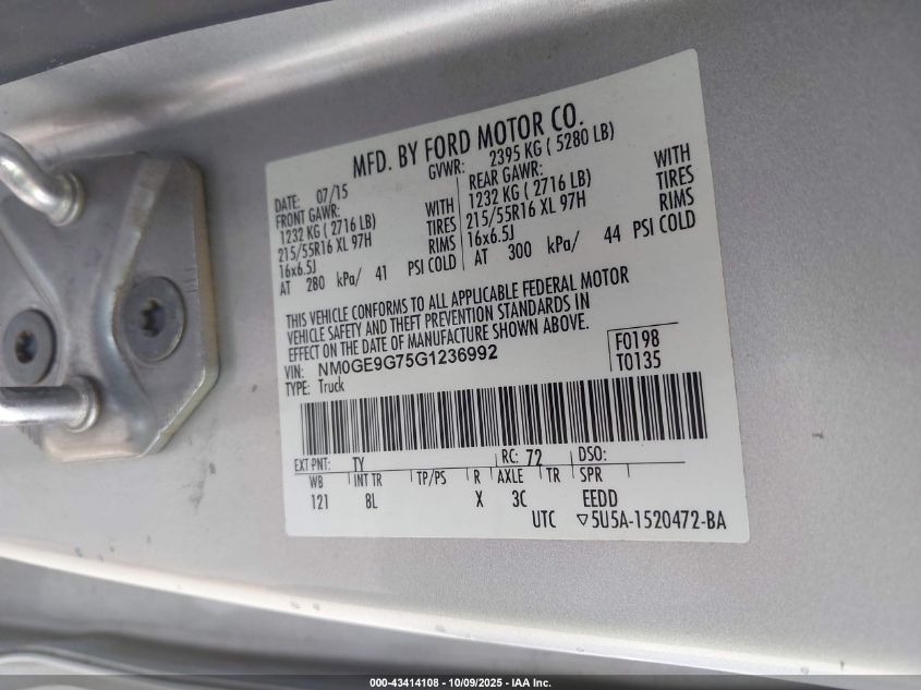 2016 Ford Transit Connect Titanium VIN: NM0GE9G75G1236992 Lot: 43414108