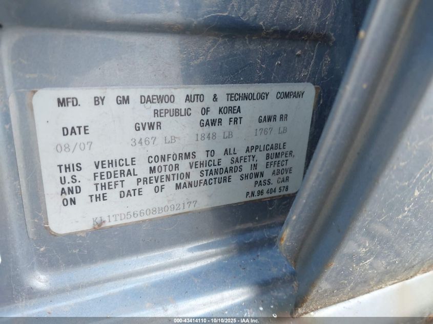 2008 Chevrolet Aveo Ls VIN: KL1TD56608B092177 Lot: 43414110