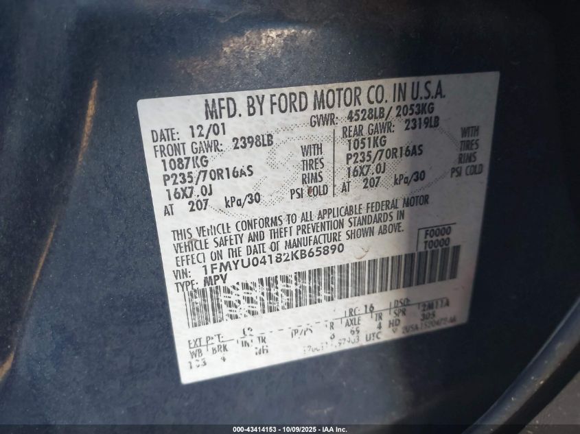 2002 Ford Escape Xlt VIN: 1FMYU04182KB65890 Lot: 43414153