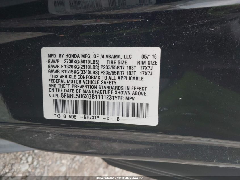 2016 Honda Odyssey Ex-L VIN: 5FNRL5H6XGB111123 Lot: 43414161