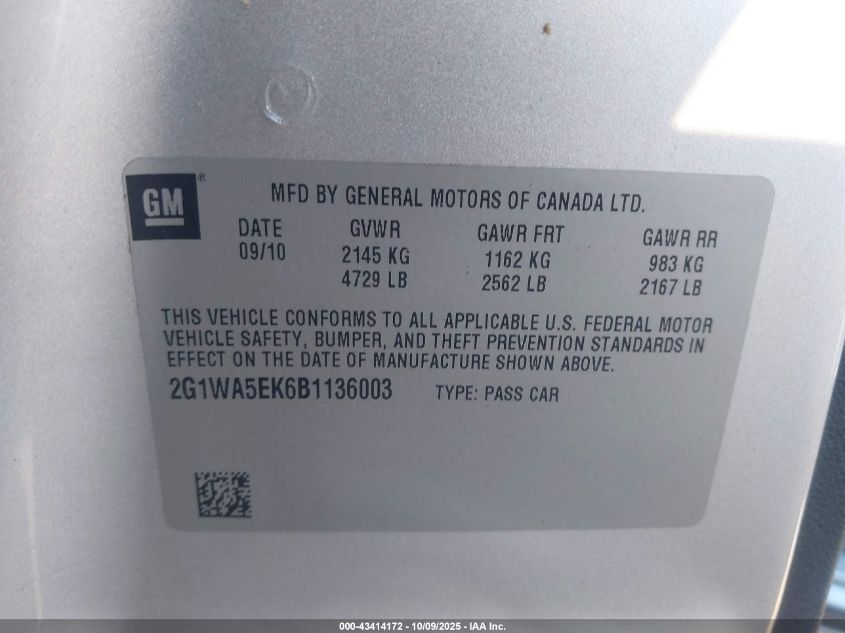 2011 Chevrolet Impala Ls VIN: 2G1WA5EK6B1136003 Lot: 43414172