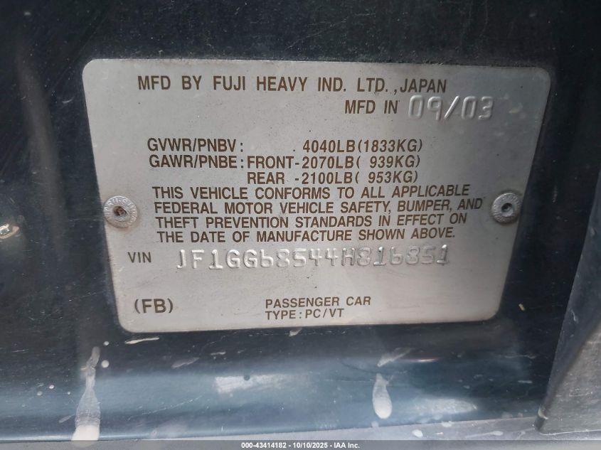 2004 Subaru Impreza Outback Sport VIN: JF1GG68544H816851 Lot: 43414182