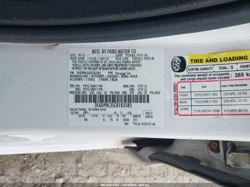 2012 Ford Fusion Hybrid VIN: 3FADP0L35CR183585 Lot: 43414187