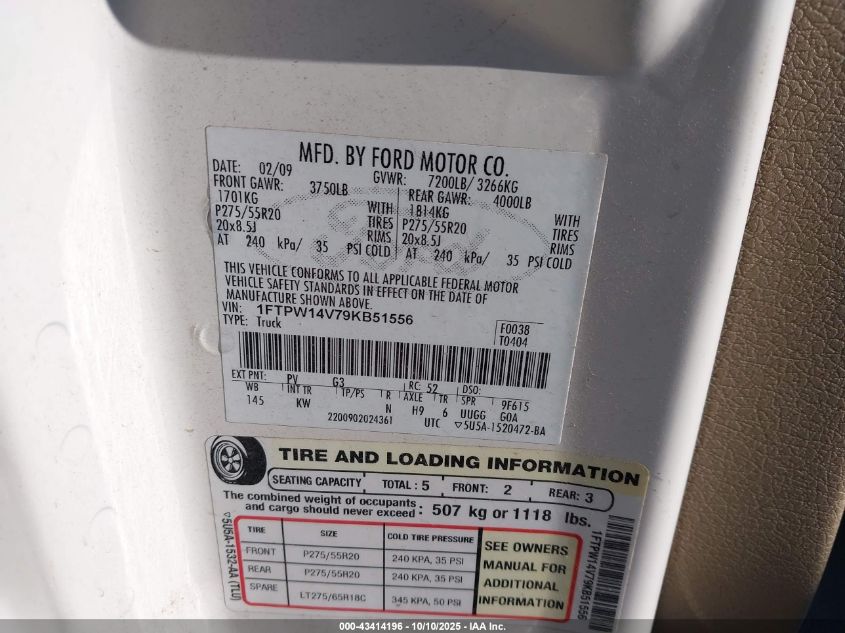 2009 Ford F-150 Fx4/King Ranch/Lariat/Platinum/Xl/Xlt VIN: 1FTPW14V79KB51556 Lot: 43414196