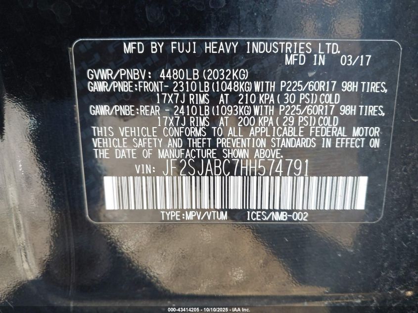2017 Subaru Forester 2.5I VIN: JF2SJABC7HH574791 Lot: 43414205