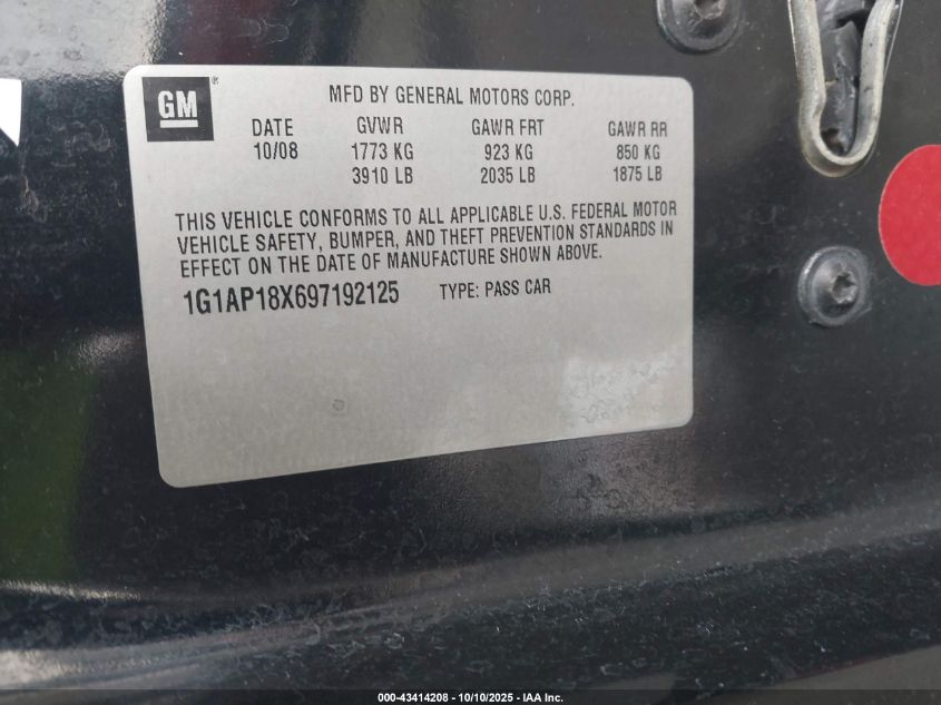 2009 Chevrolet Cobalt Ss VIN: 1G1AP18X697192125 Lot: 43414208