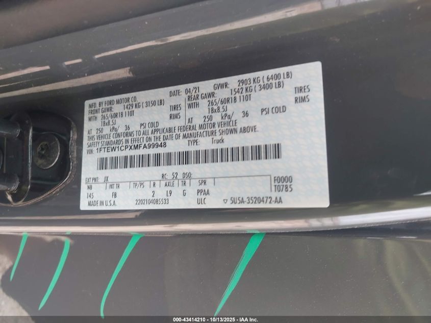 2021 Ford F-150 Xlt VIN: 1FTEW1CPXMFA99948 Lot: 43414210