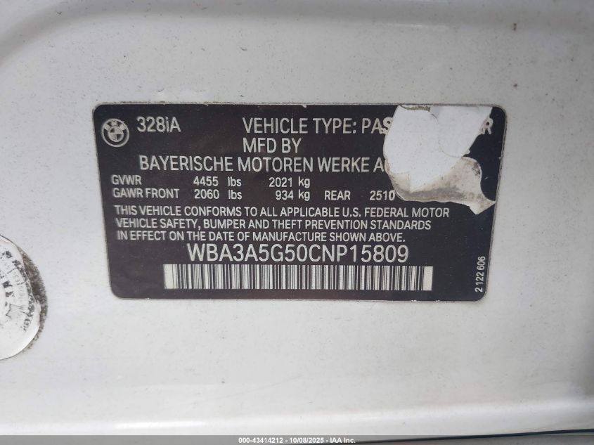 2012 BMW 328I VIN: WBA3A5G50CNP15809 Lot: 43414212
