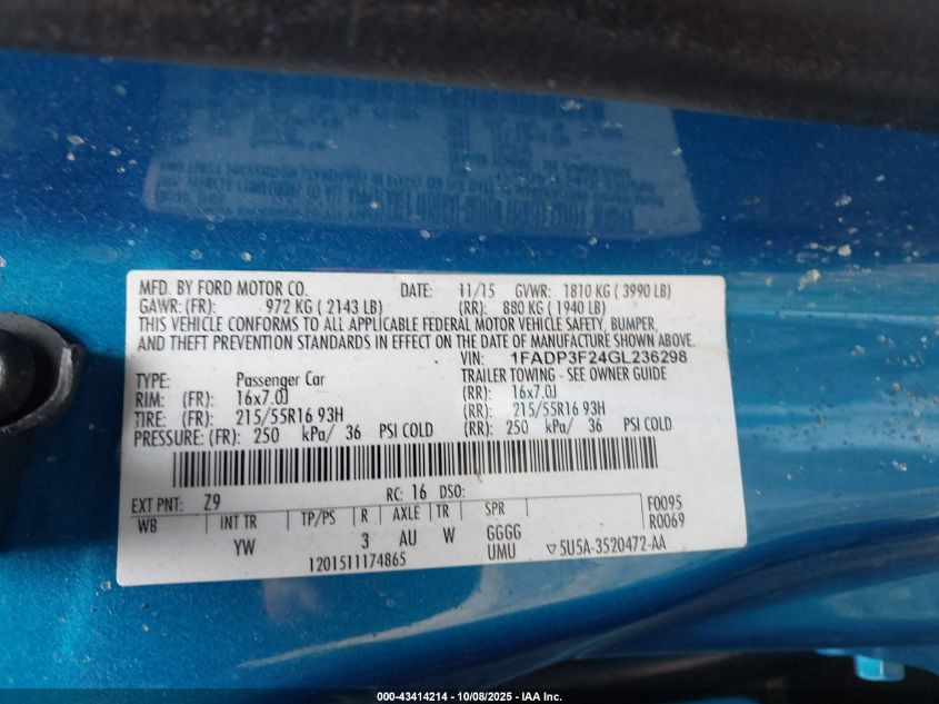 2016 Ford Focus Se VIN: 1FADP3F24GL236298 Lot: 43414214