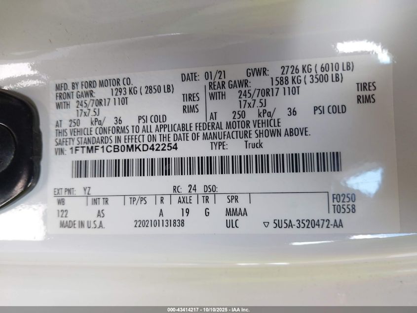 2021 Ford F-150 Xl VIN: 1FTMF1CB0MKD42254 Lot: 43414217