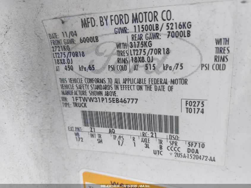 2005 Ford F-350 Lariat/Xl/Xlt VIN: 1FTWW31P15EB46777 Lot: 43414224