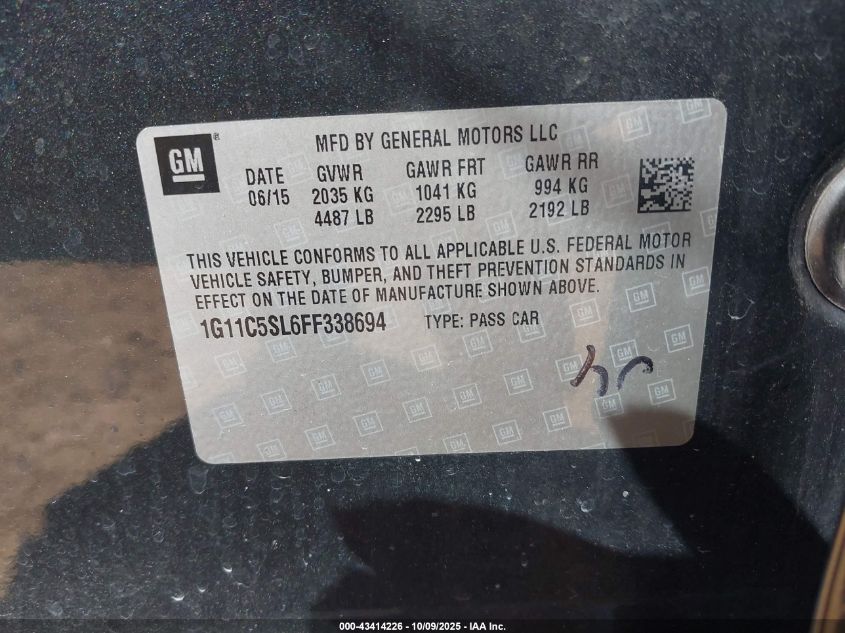 2015 Chevrolet Malibu 1Lt VIN: 1G11C5SL6FF338694 Lot: 43414226