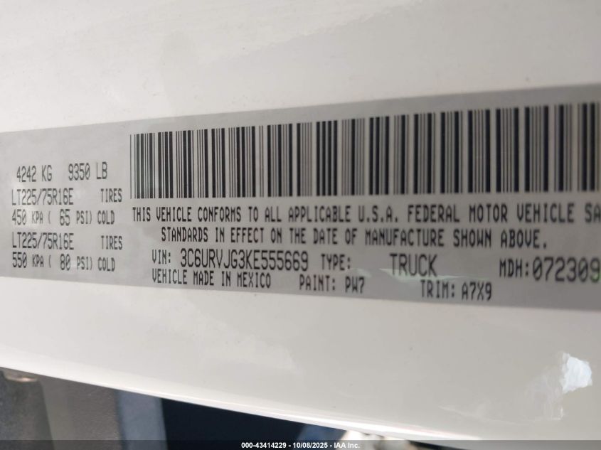 2019 Ram Promaster 3500 Cargo Van High Roof 159 Wb Ext VIN: 3C6URVJG3KE555669 Lot: 43414229