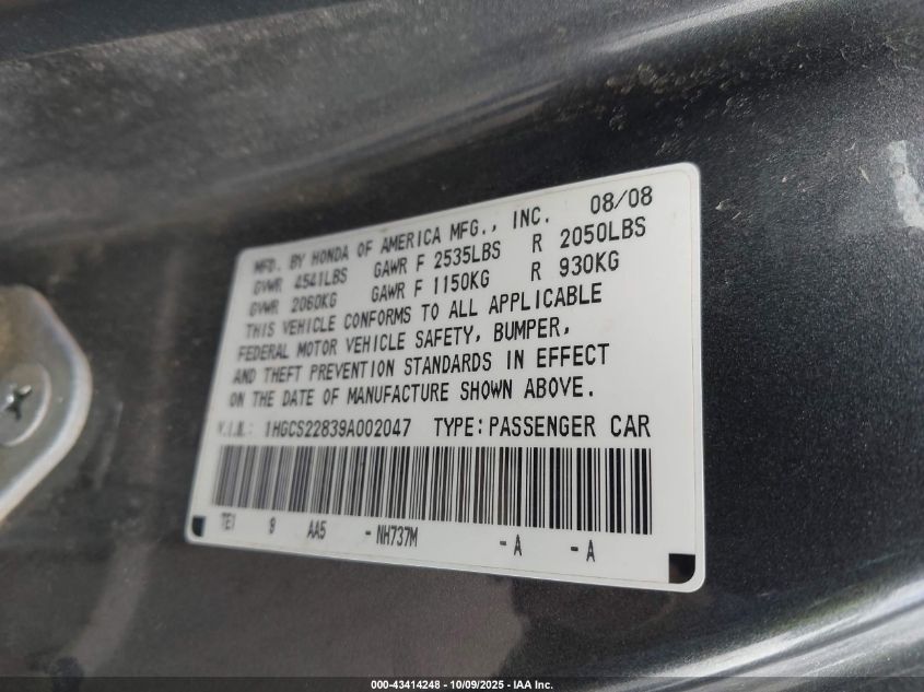 2009 Honda Accord 3.5 Ex-L VIN: 1HGCS22839A002047 Lot: 43414248