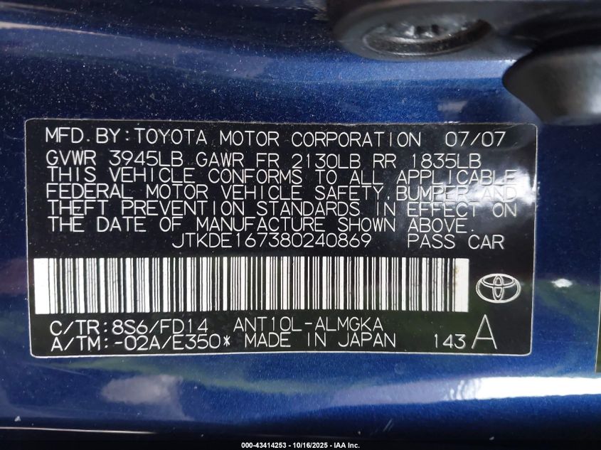 2008 Scion Tc VIN: JTKDE167380240869 Lot: 43414253