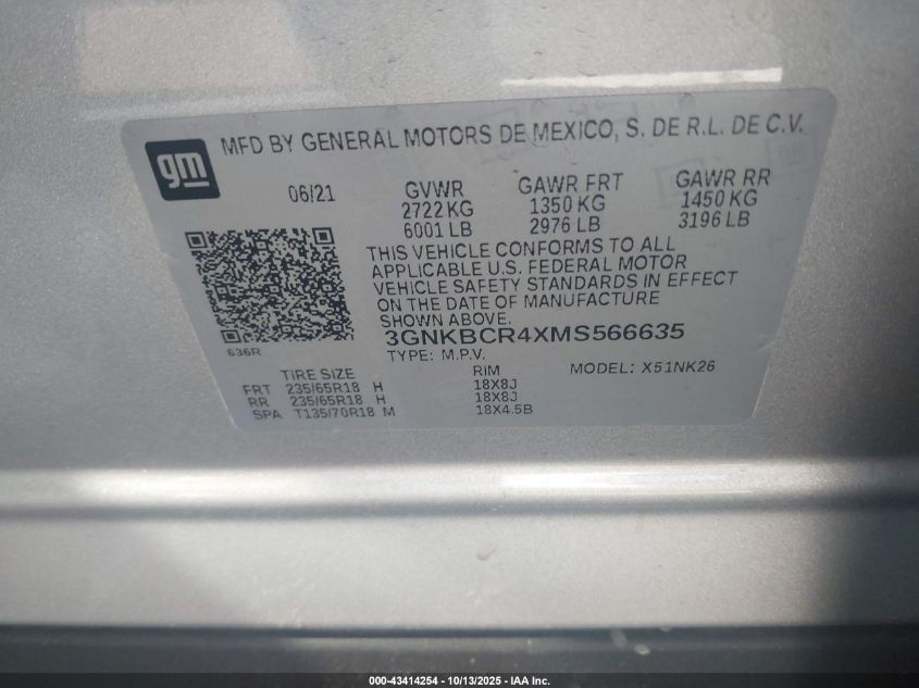 2021 Chevrolet Blazer Fwd 2Lt VIN: 3GNKBCR4XMS566635 Lot: 43414254