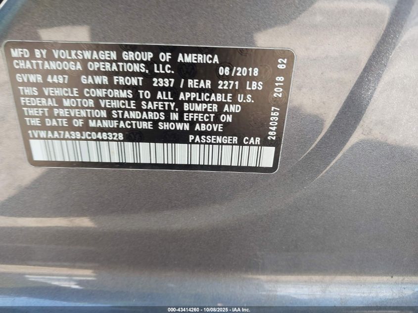 2018 Volkswagen Passat 2.0T R-Line/2.0T S VIN: 1VWAA7A39JC046328 Lot: 43414260
