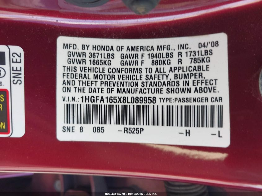 2008 Honda Civic Lx VIN: 1HGFA165X8L089958 Lot: 43414270