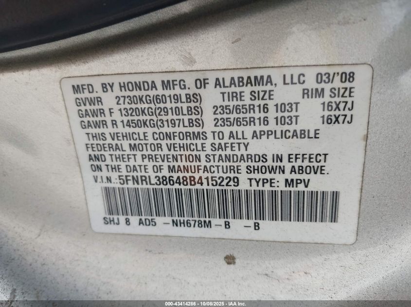 2008 Honda Odyssey Ex-L VIN: 5FNRL38648B415229 Lot: 43414286