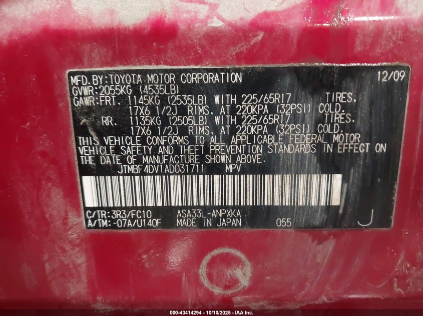 2010 Toyota Rav4 VIN: JTMBF4DV1AD031711 Lot: 43414294