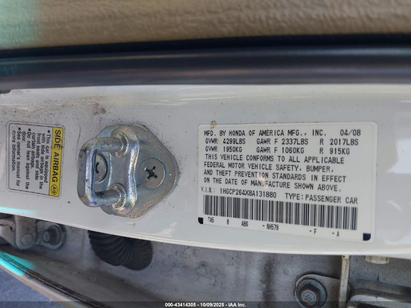 2008 Honda Accord 2.4 Lx-P VIN: 1HGCP264X8A131880 Lot: 43414305