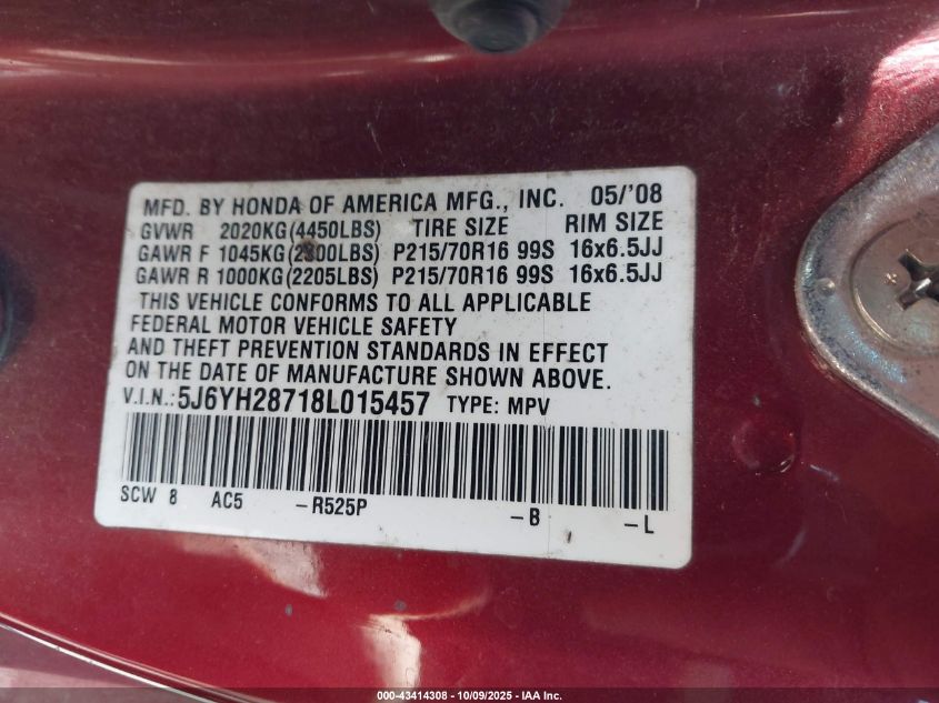 2008 Honda Element Ex VIN: 5J6YH28718L015457 Lot: 43414308