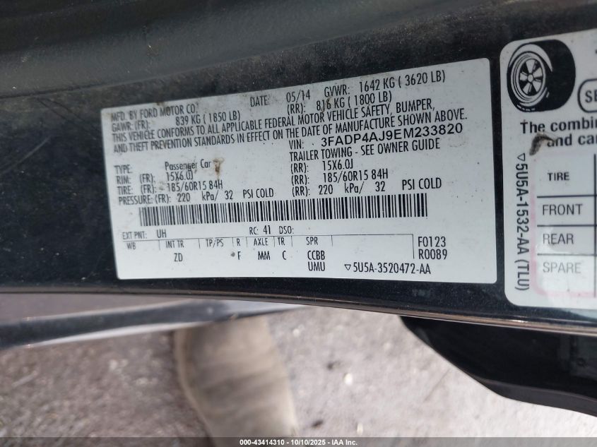 2014 Ford Fiesta S VIN: 3FADP4AJ9EM233820 Lot: 43414310