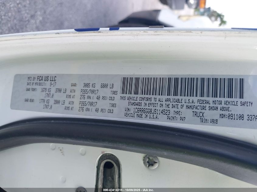 2018 Ram 1500 Slt Quad Cab 4X2 6'4 Box VIN: 1C6RR6GG8JS114523 Lot: 43414315