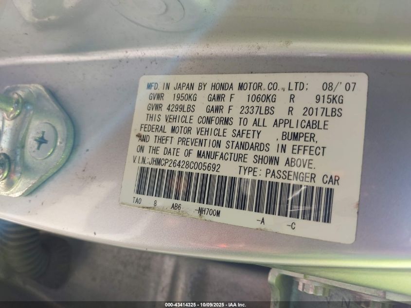 2008 Honda Accord 2.4 Lx-P VIN: JHMCP26428C005692 Lot: 43414325