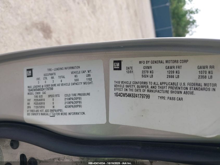 2002 Buick Park Avenue VIN: 1G4CW54K624179799 Lot: 43414334