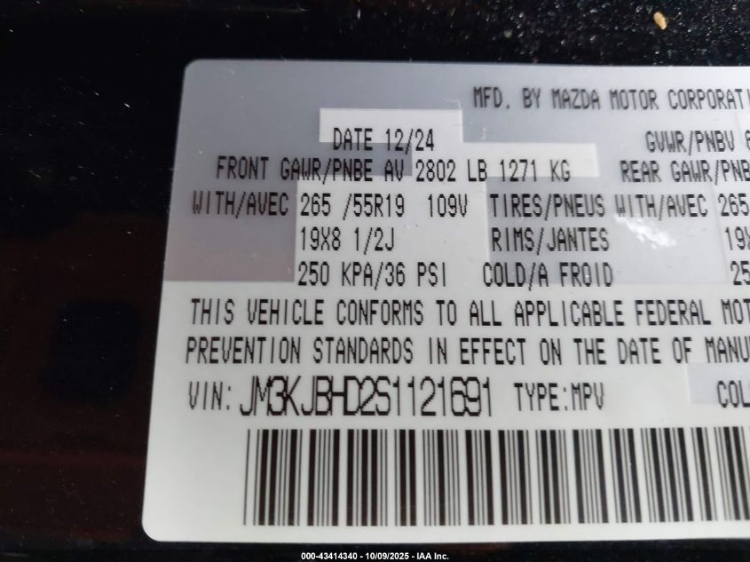 2025 Mazda Cx-70 3.3 Turbo Preferred Package VIN: JM3KJBHD2S1121691 Lot: 43414340