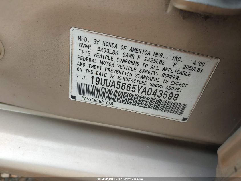 2000 Acura Tl Se VIN: 19UUA5665YA043599 Lot: 43414341