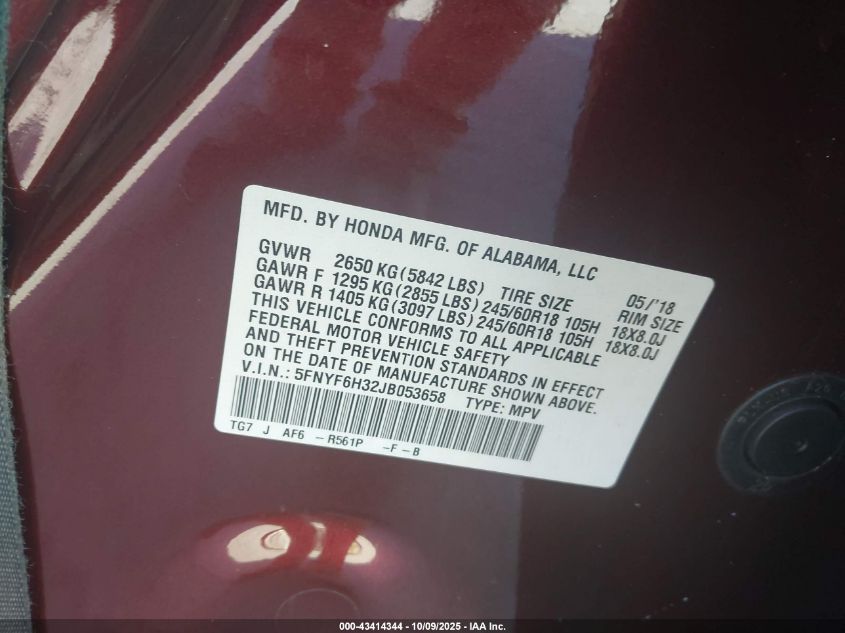 2018 Honda Pilot Ex VIN: 5FNYF6H32JB053658 Lot: 43414344