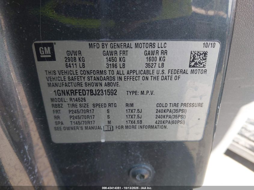 2011 Chevrolet Traverse Ls VIN: 1GNKRFED7BJ231592 Lot: 43414351