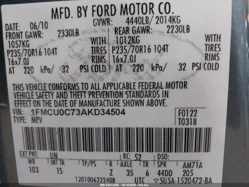 2010 Ford Escape Xls VIN: 1FMCU0C73AKD34504 Lot: 43414358